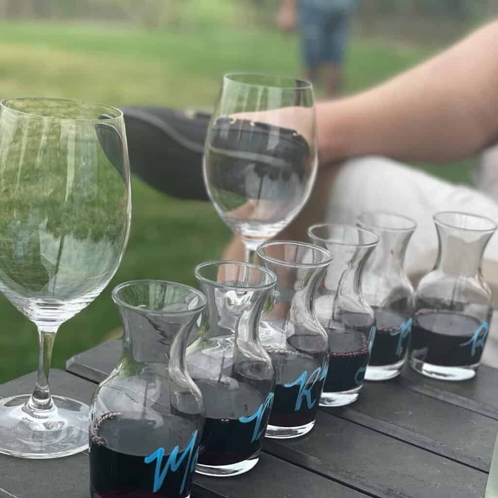 Wine tasting flight in carafes at a Pacific Northwest winery