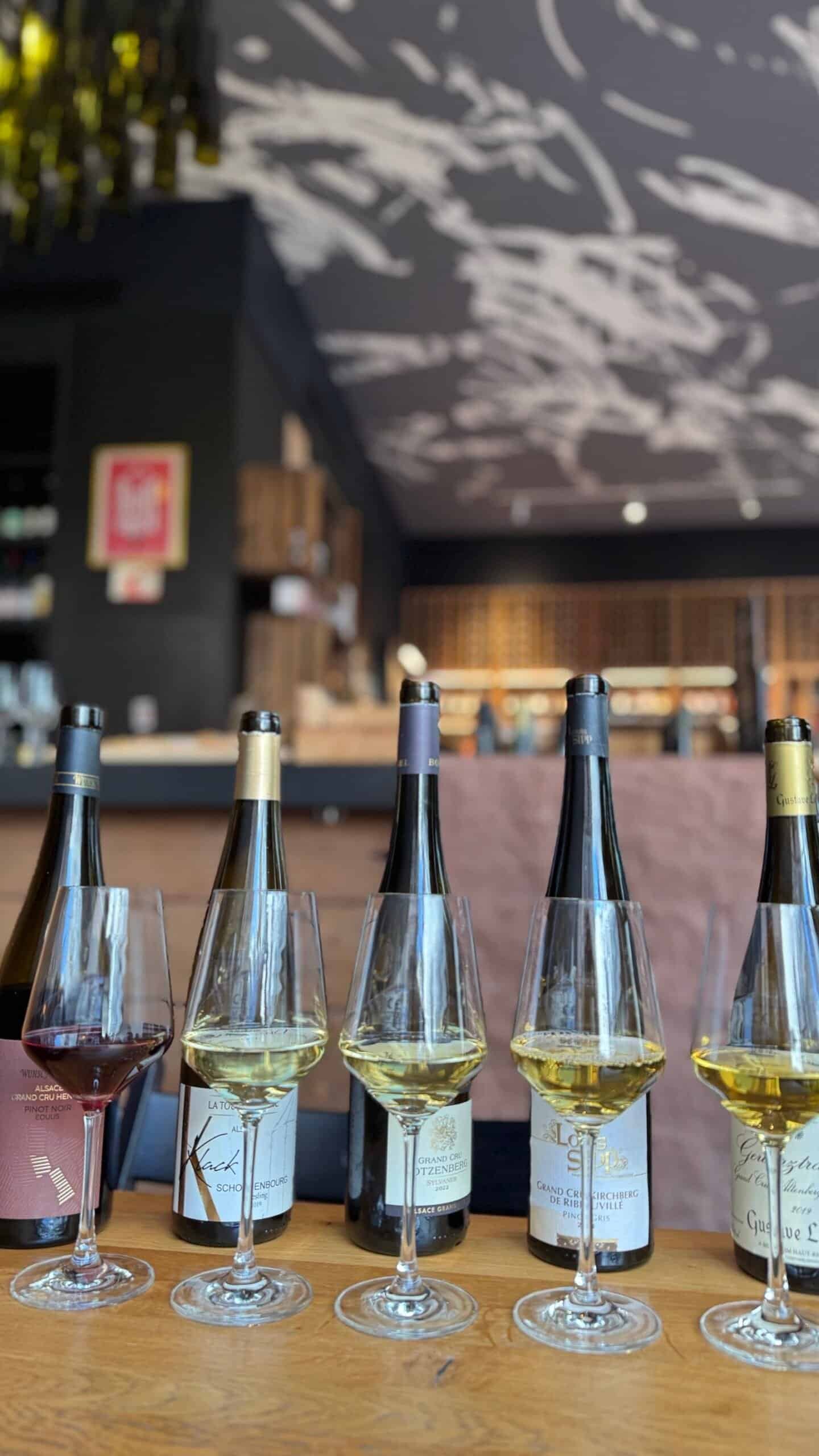 Alsace Grand Cru tasting flight in a winery cellar
