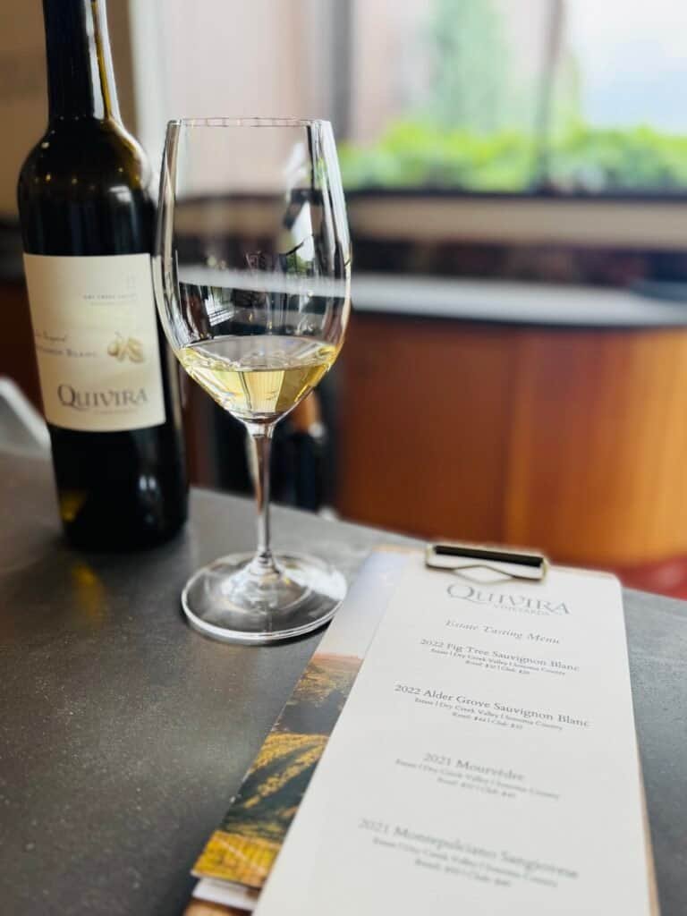 Quivira Estate wine bottle and tasting glass at a Sonoma winery