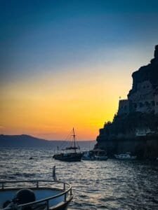 Mediterranean coastal cliff at sunset, cruise destination