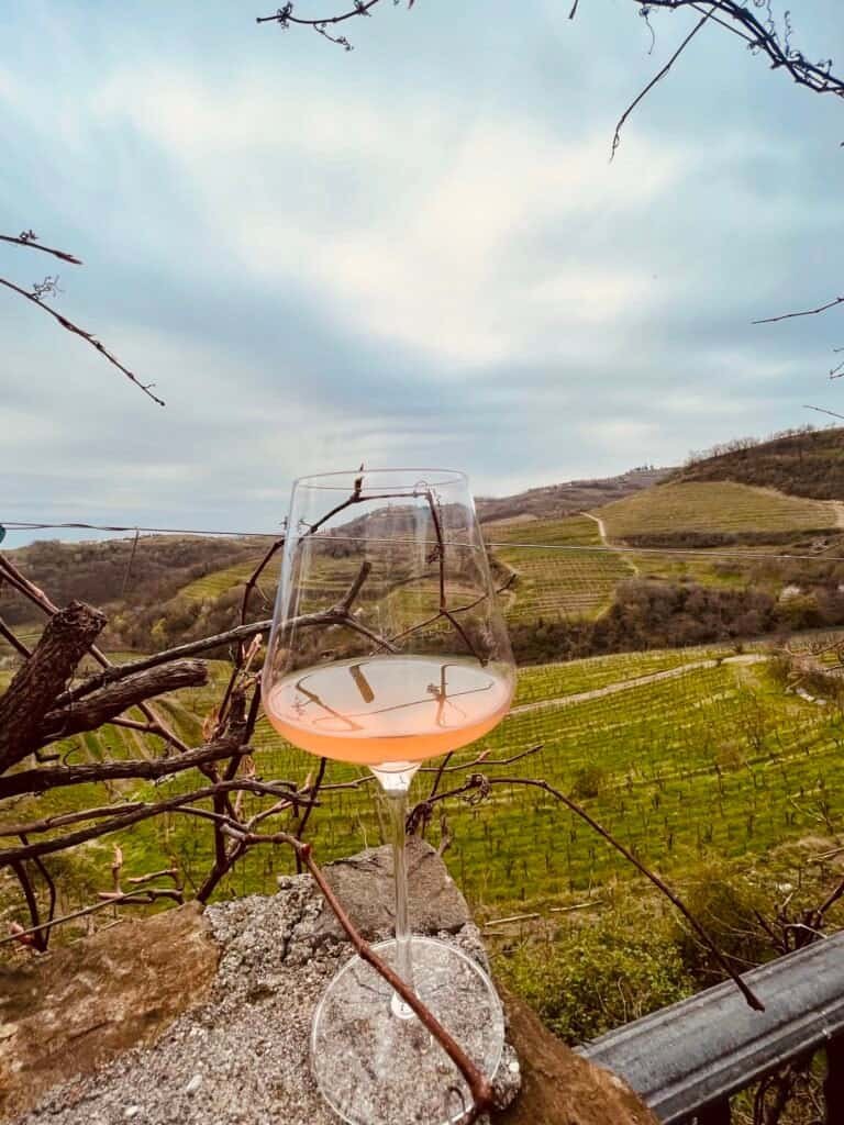 A glass of rose wine held against rolling terraced vineyards under a soft, cloudy sky