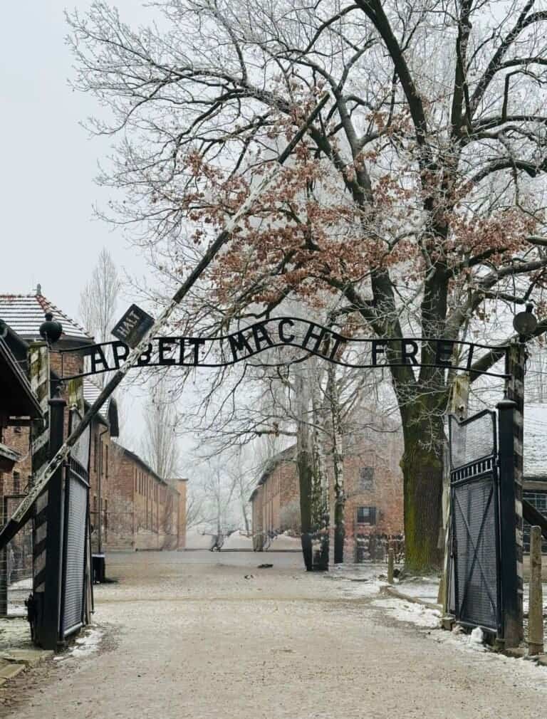 The Arbeit Macht Frei gate at Auschwitz I in winter, with frosted trees framing the entrance