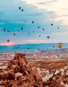 Hot air balloons over Cappadocia, Turkey at sunrise