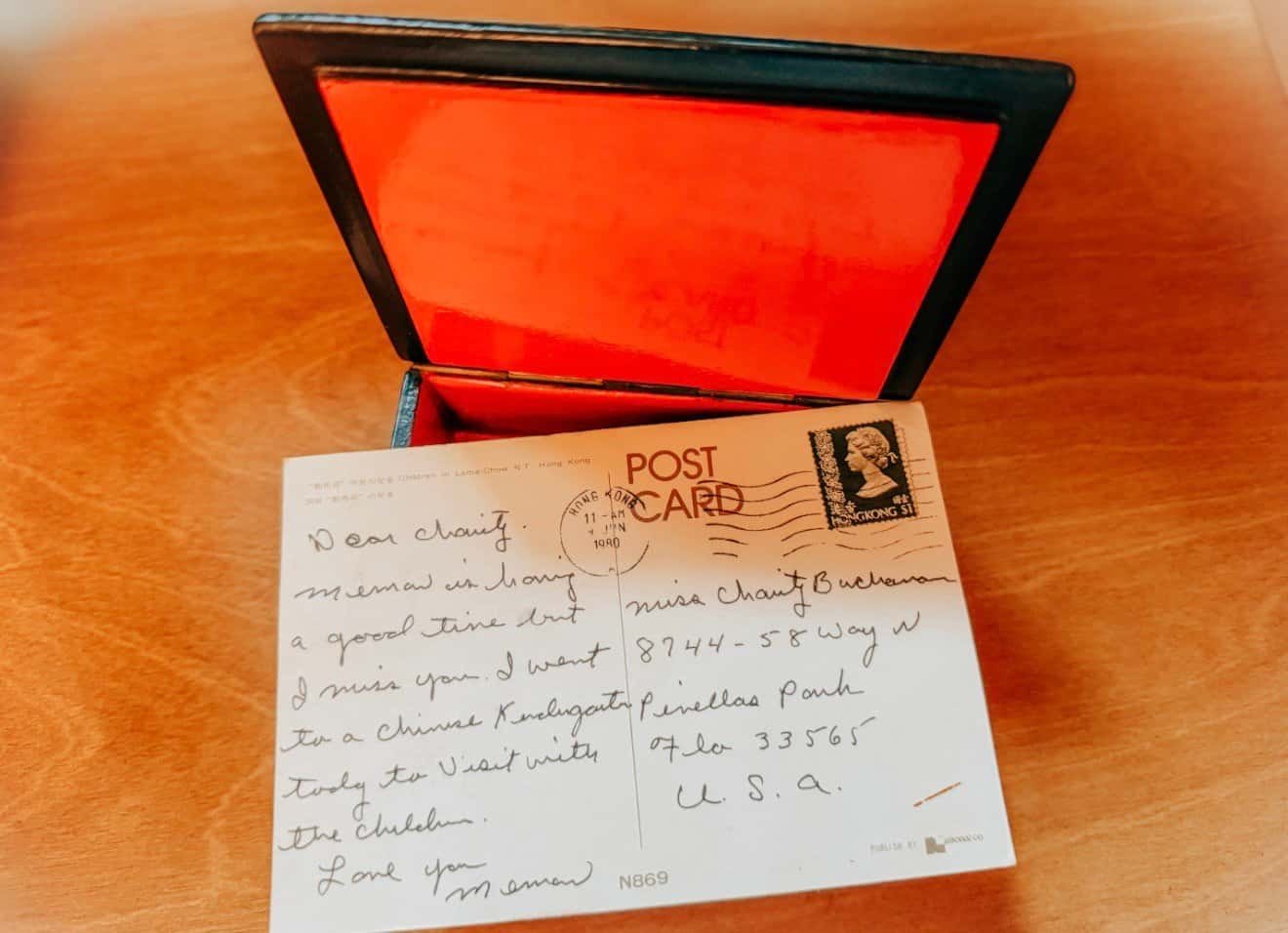 The postcard Memaw mailed from Hong Kong in 1980, her handwriting on the back.